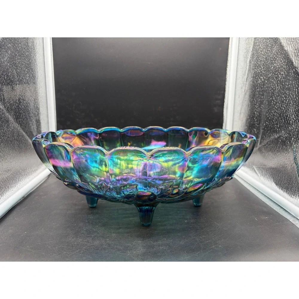 Vintage Indiana Glass Harvest Grape Blue Carnival Glass Footed Oval Bowl 12.5in